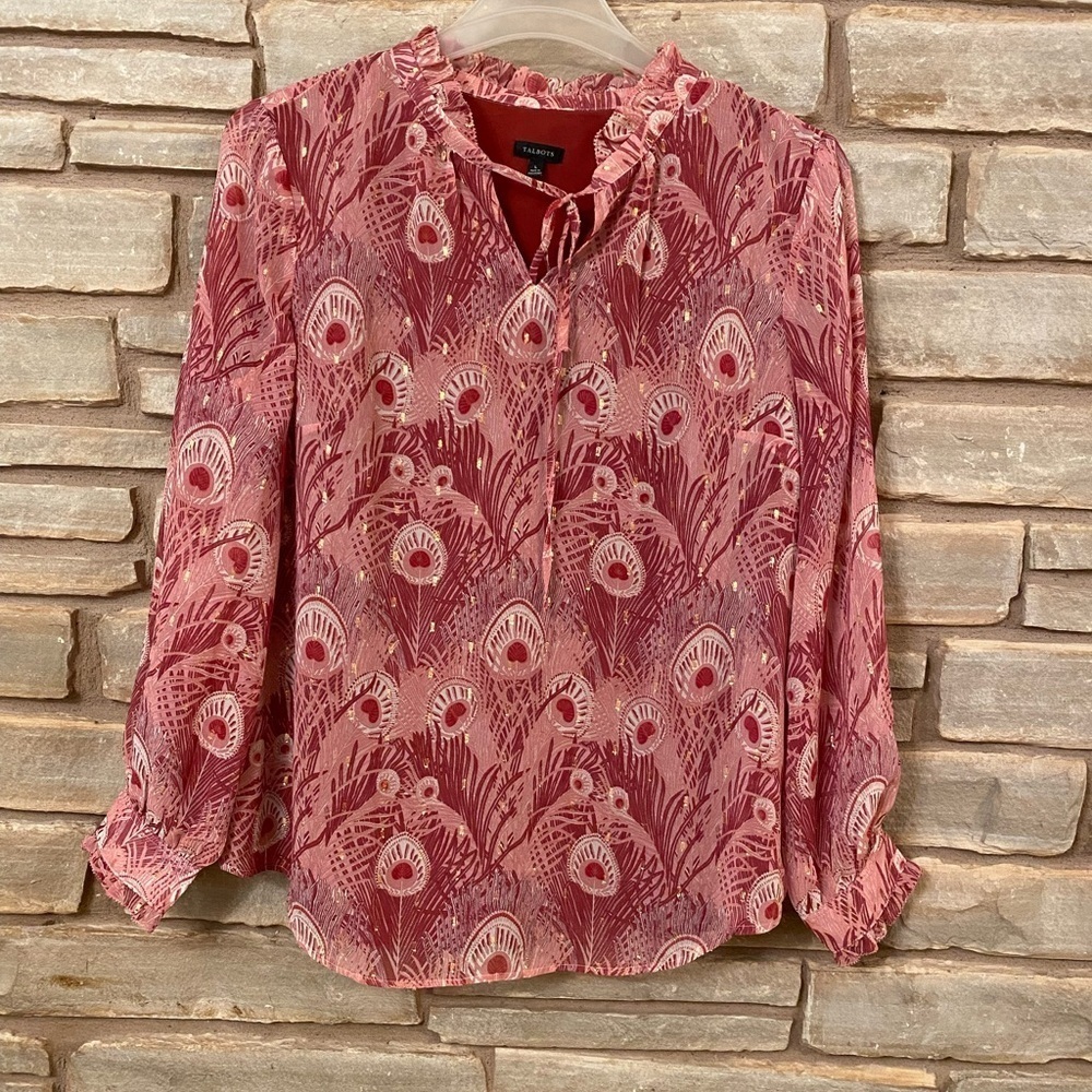 Talbots Women Pink Peacock Feathers Top Ruffle Blouse Size L - Picture 4 of 14
